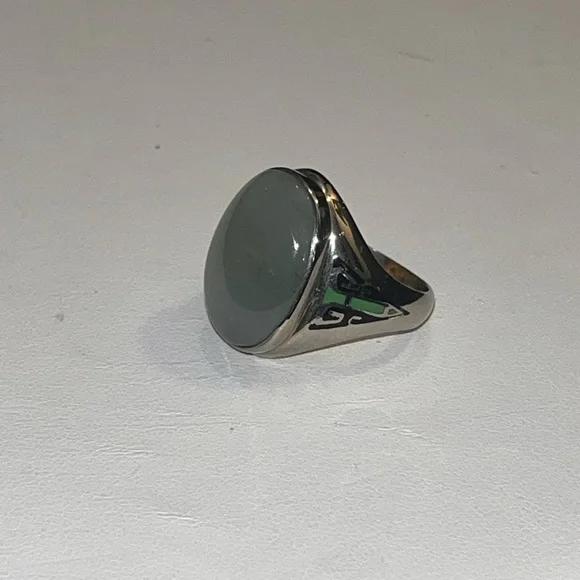 ANTIQUE 10K WHITE GOLD "UNISEX" RING w/NATURAL GREEN MOONSTONE&ENAMELS, ART DECO - Picture 11 of 12